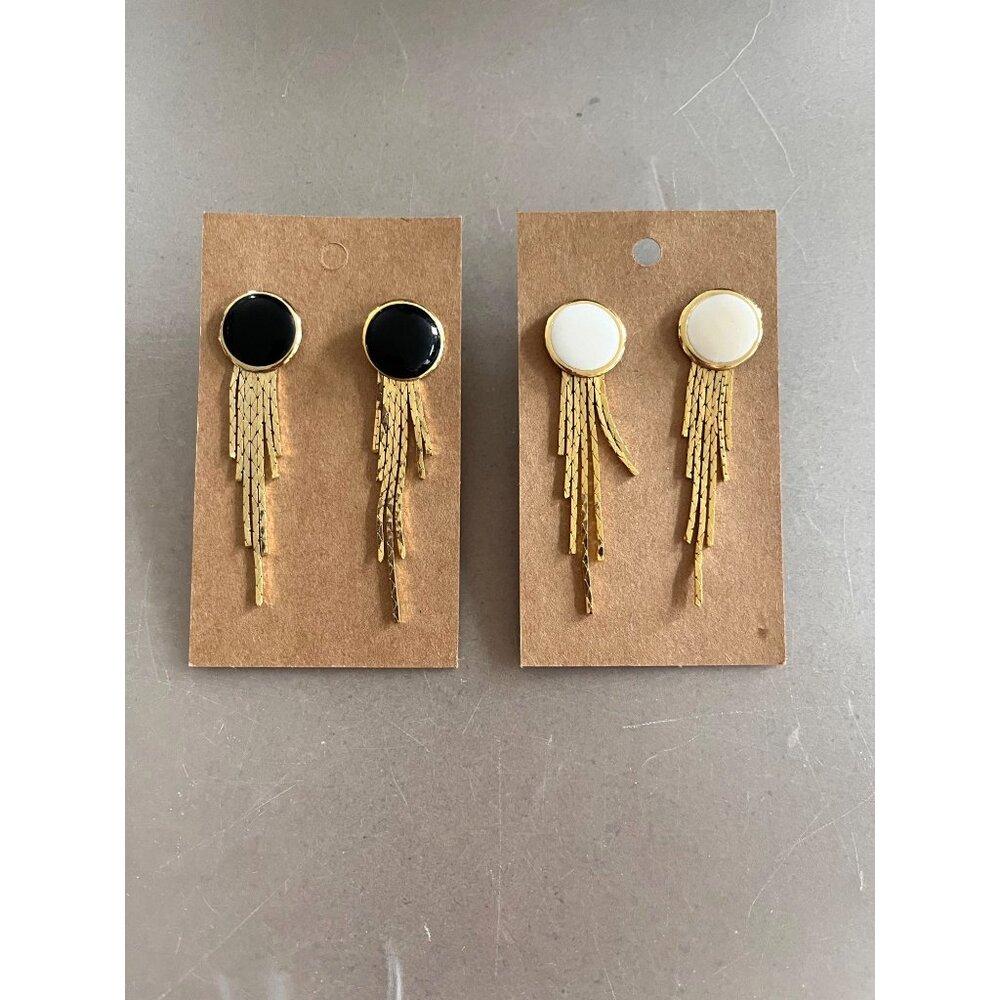 Set Of 2 Vintage Gold-Tone Earrings With Black & White Enamel & Cascading Gold C